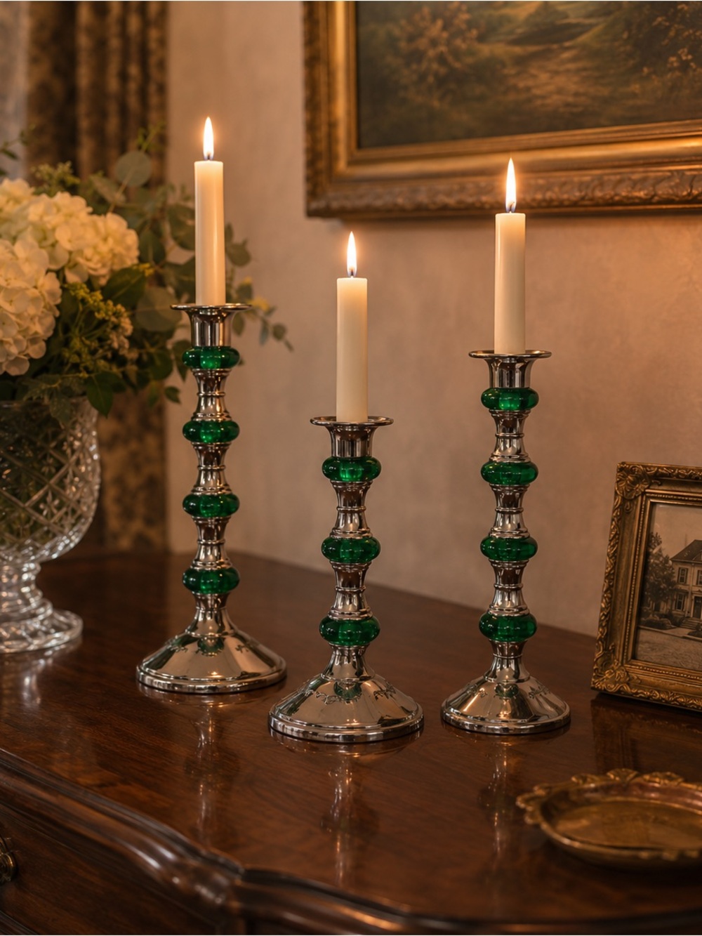 International Silver Company silver-plated and green acrylic candlestick holders